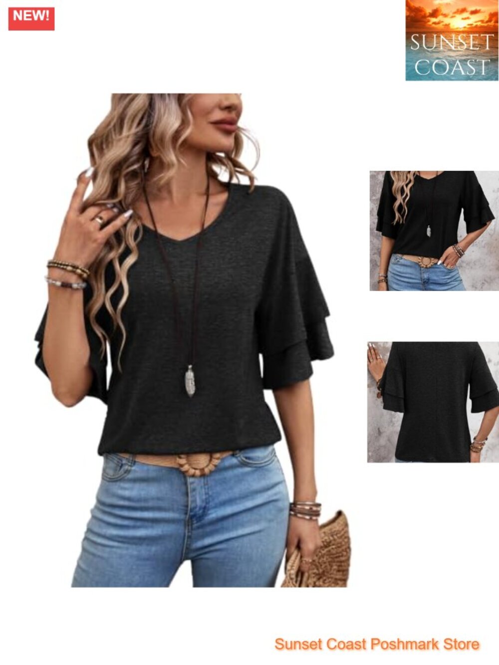 Womens Blouse Ruffle 3/4 Sleeve V Neck Dressy Casual Top Spring Summer